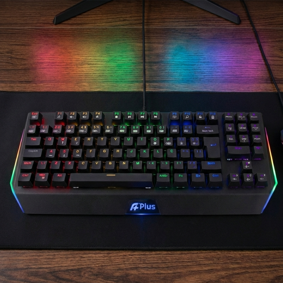 Teclado Gamer  Mecânico APlus Mizu Rainbow Switch  Blue Outemu  Preto - AP-KB-3989
